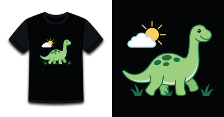 Cute green dinosaur cartoon character with sun and cloud illustration for kids t-shirt design on black background © Arshad