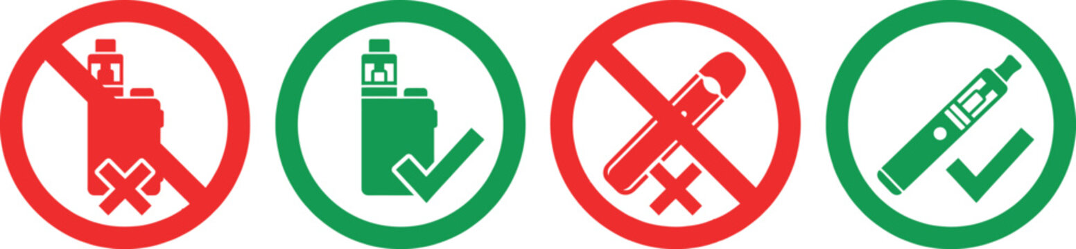 Set of vape and electronic cigarette icons with check and cross marks