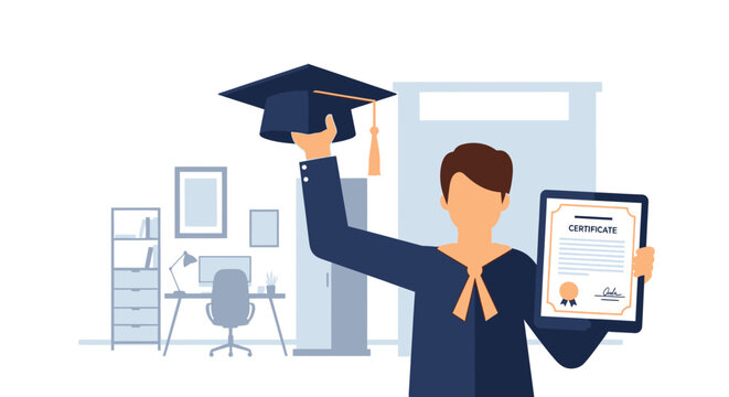Male Graduate Celebrating Online Education Success with Digital Certificate on Tablet and Graduation Cap - E-learning Concept Illustration