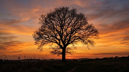 Naklejka premium Bare tree silhouette at colorful sunset with orange sky