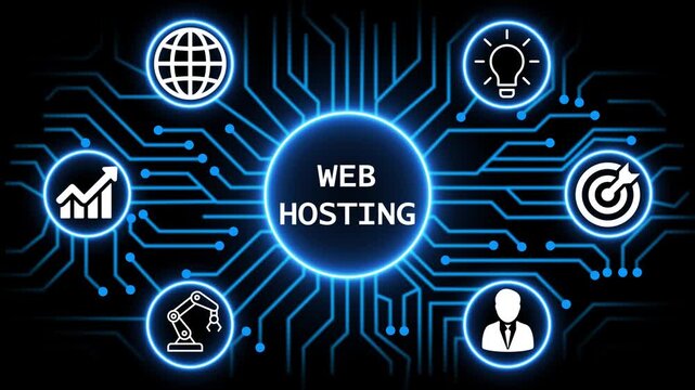 web hosting concept with circuit lines and digital symbols hovering above a businessman, technology. manufacturing process management all connected in a digital circle like pattern.
