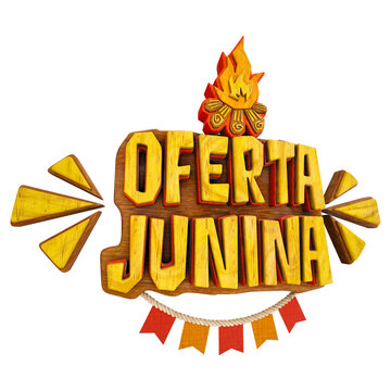 Selo 3D oferta junina com tipografia em madeira e elementos de festa