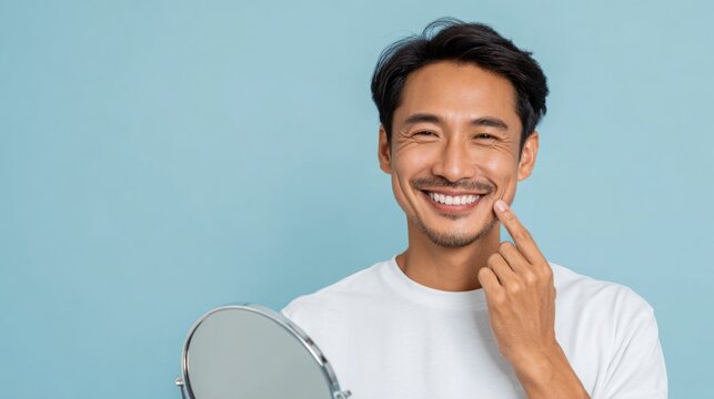 Happy Man Smiling in Mirror While Checking His Teeth for Oral Hygiene and Personal Care Routine in a Calm Environment