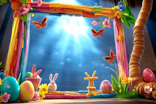 Colorful puppet string frame decorated with playful elements for creative projects and crafts