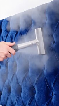 A hand uses a professional steam cleaner on a tufted blue velvet headboard. The hot steam sanitizes the fabric and eliminates pests like bed bugs. Ideal for professional cleaning services.