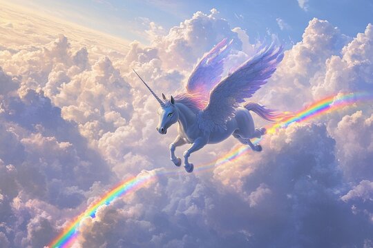 Winged unicorn gracefully soaring among vibrant clouds and rainbow in a magical sky