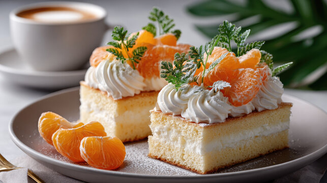 Citrus mandarin fruit sando with light sponge cake, fluffy whipped cream, and fresh green garnishes, ready for a sweet dessert or cafe treat
