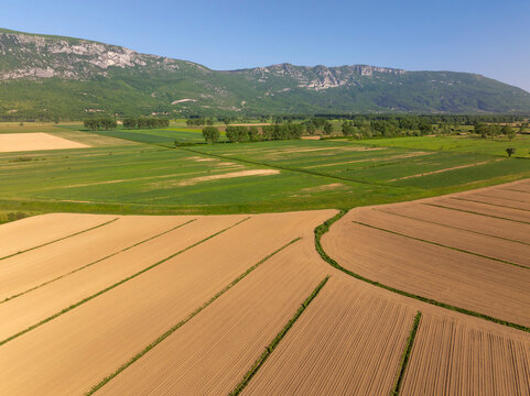 Aerial View of Čepić Polje Fields with Učka Mountain, Istria, Croatia