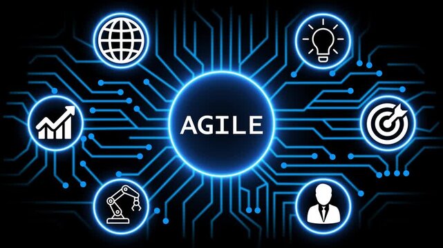 AGILE concept with circuit lines and digital symbols hovering above a businessman, technology. manufacturing process management all connected in a digital circle like pattern.