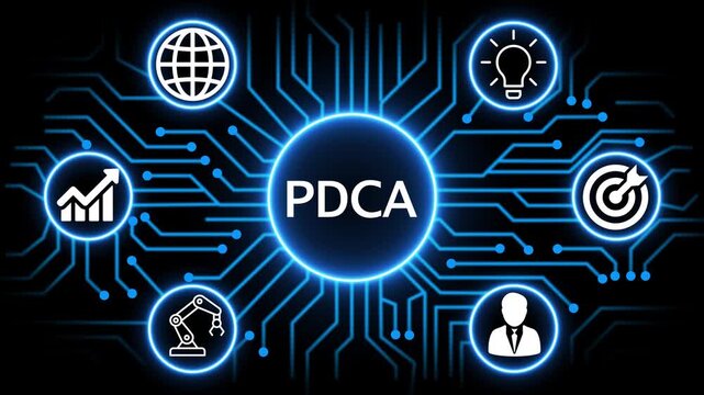 PDCA concept with circuit lines and digital symbols hovering above a businessman, technology. manufacturing process management all connected in a digital circle like pattern.