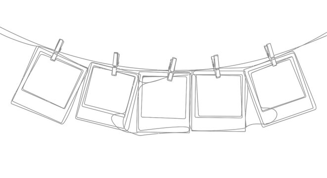 Polaroid style photos hanging on a clothesline with clothespins line art white background pictures