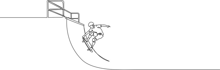 continuous line drawing of skater skateboarding in halfpipe, line art vector illustration © Christian Horz