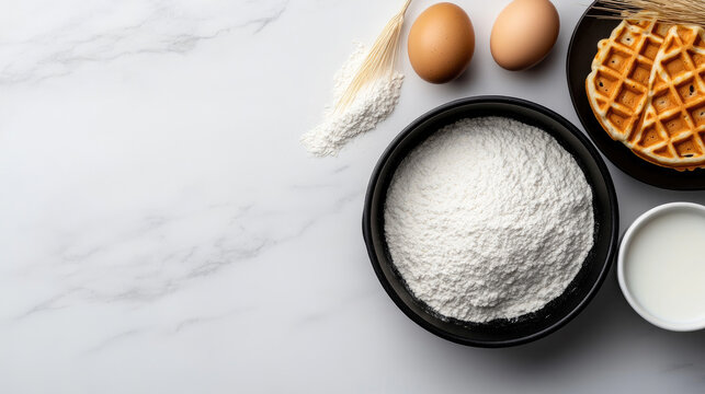 Preparing mochi waffle ingredients on white marble, bowls of rice flour, tapioca starch, eggs and milk beside freshly baked chewy gluten free waffles, flat lay kitchen scene