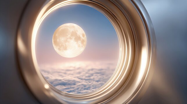 Full moon visible through a circular window, surrounded by soft clouds and a gradient sky, creating a serene and dreamlike atmosphere in a space setting