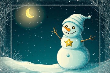 Obraz premium Magical snowman with twinkling eyes and a golden star at night