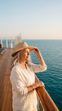 Senior woman enjoying the sunset view from a cruise ship deck during a luxury vacation