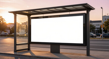 Fototapeta premium Blank billboard mockup at city bus stop, empty horizontal advertising poster frame on urban street, outdoor media display at sunset