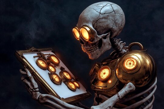 Cracked skeleton designs a brass diving suit in a futuristic workshop