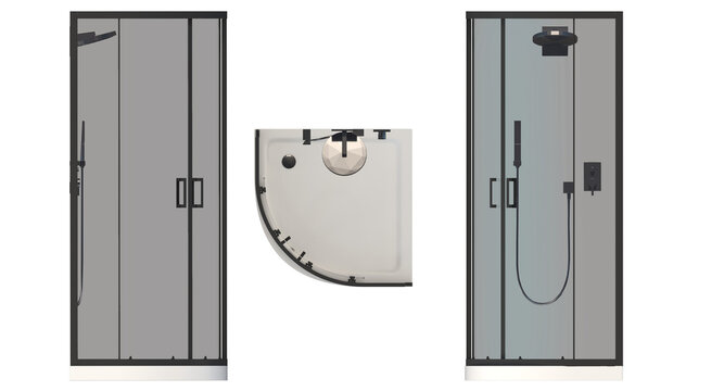 Modern Quadrant Corner Shower Enclosure with Matte Black Rain Shower and Handheld Spray &ndash; Top View and Front Elevation Architectural 3D Rendering