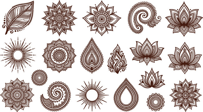 Mehndi mandala and paisley elements collection with floral ornaments boho decorative henna style flat vector illustration set design