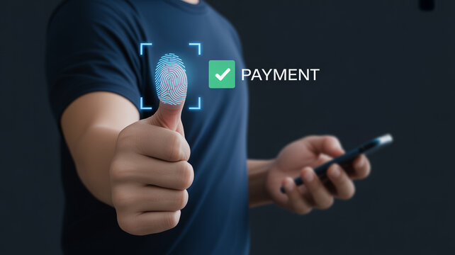 Person using thumbprint biometric authentication for mobile payment on smartphone device.
