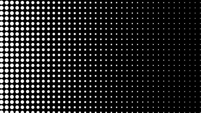 White halftone dots transition scaling up on black background creating a smooth reveal effect for motion graphics and creative video production and editing. Motion design.