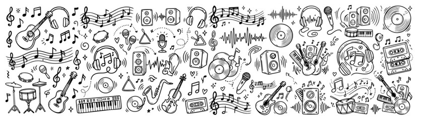 Hand drawn doodle vector set of music doodles, sketchy ink pen audio icons, musical notes, instruments, headphones, speakers, and sound symbols for media, entertainment, and social content © Creative Lab