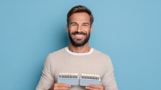 Smiling man holding dental shade guide for comparing teeth color against blue background