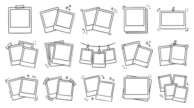 Hand drawn doodle vector set of polaroid doodle frames, sketchy ink pen instant photo borders, scrapbook collage elements, vintage picture layouts, and memory style decorations for social media