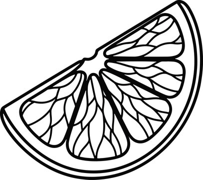 A black line drawing of a single slice of citrus fruit on white background