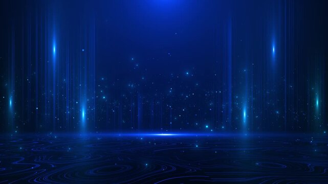 Blue digital stage background light beams, glowing particles, contour floor lines, deep futuristic space. technology intros, data virtual events, cyber scenes, presentation screens, software promos,