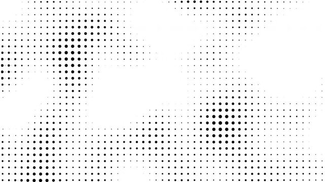 Black halftone dots move and change size on a white background with alpha channel creating a dynamic pattern of circles that flow across the dark digital screen display.