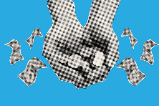 Modern collage isolated element with halftone style hands holding money wealth 