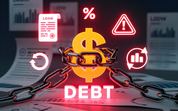 Debt Burden: A visual metaphor of financial strain, depicting a dollar symbol chained, symbolizing the weight of debt and loan, highlighting the risks and consequences. 