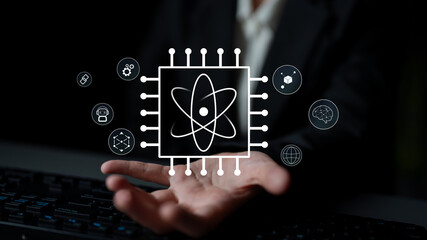 Fototapeta premium A quantum computing processor as the core of future technology. This innovation will power advancements in AI, blockchain, and complex problem solving. Motif