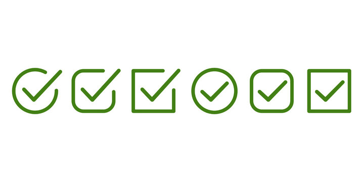 Set approval check mark icons in circle and square, checklist signs, flat checkmark approval correct badge, isolated tick symbols - stock vector for UI UX