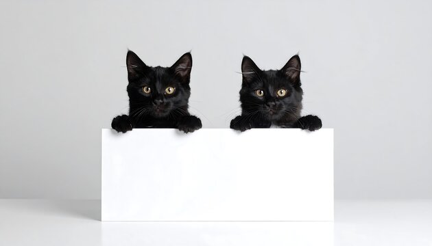 Two black kittens peek over a blank, white rectangular surface, posing against a light gray background. The felines have golden eyes