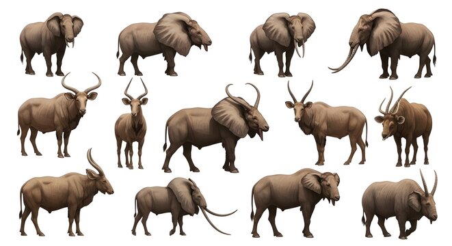 Collection of African Wildlife Animals Including Elephants and Antelopes.