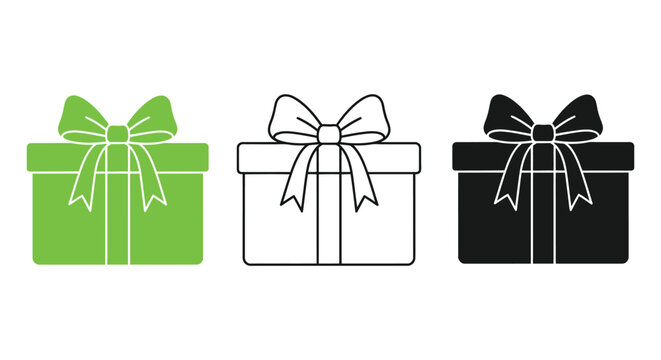 Set of three gift box icons in green black and line art with birthday