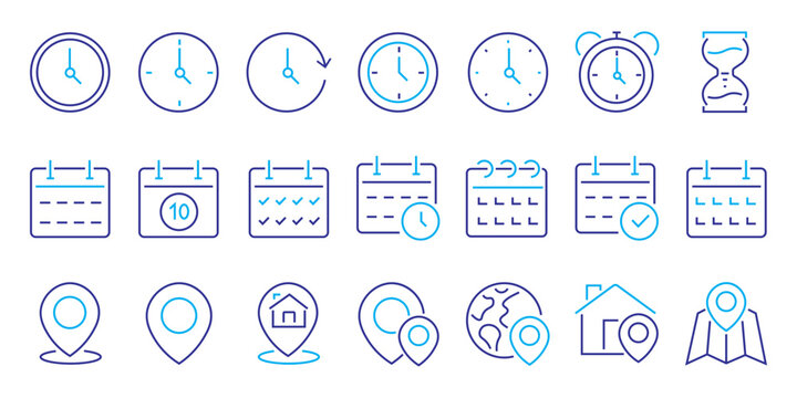 Time, Date & Location Outline Icons Set. Editable Stroke Calendar, Clock, Address Vector Collection