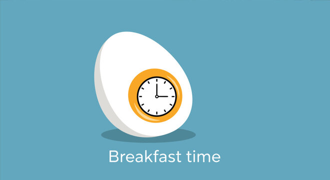 Boiled egg cut in half with a clock face inside the yellow yolk on a blue background for breakfast time.