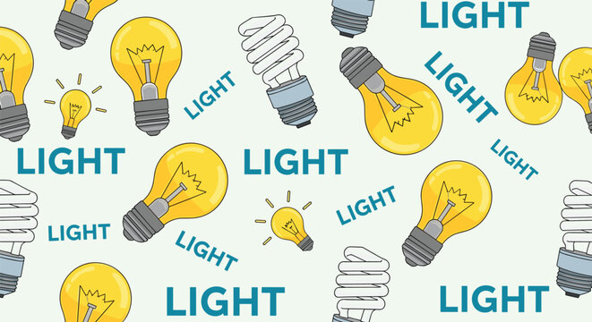 Colorful repeating pattern of various types of light bulbs and the word light on a pale green background for ideas.