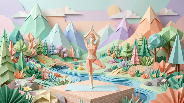 A woman practices yoga on a block in a colorful geometric landscape with mountains and a river