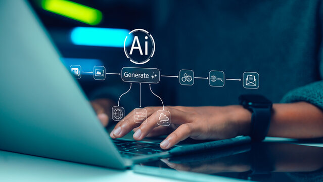 Concept of artificial intelligence technology, machine learning and digital innovation.Hands of person using laptop computer with AI generate icon and workflow symbols on virtual screen.