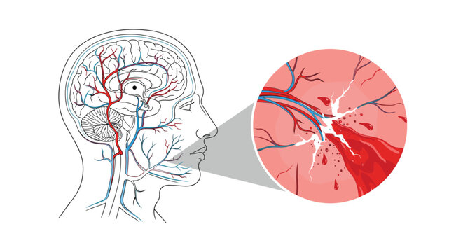 Medical illustration of a human head profile with a detailed inset showing a ruptured blood vessel causing a cerebral hemorrhage or stroke.