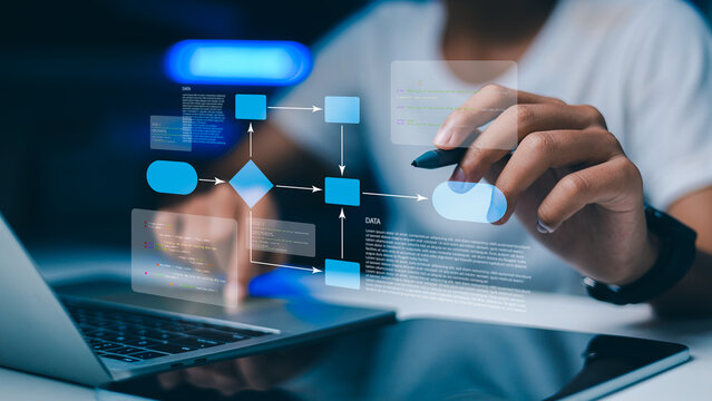 Software developer analyzing algorithm flowchart with holographic interface on laptop