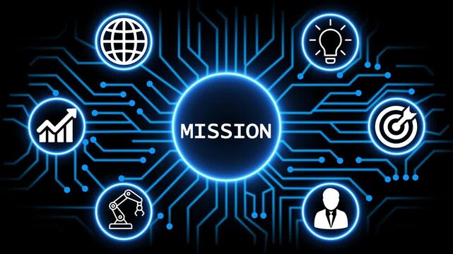 mission concept with circuit lines and digital symbols hovering above a businessman, technology. manufacturing process management all connected in a digital circle like pattern.