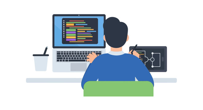 Software Developer Programmer Working on Laptop and Tablet at Desk Flat Vector Illustration