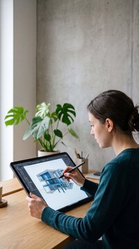 Female architect designing a modern house project on a digital tablet with a stylus in a contemporary office space