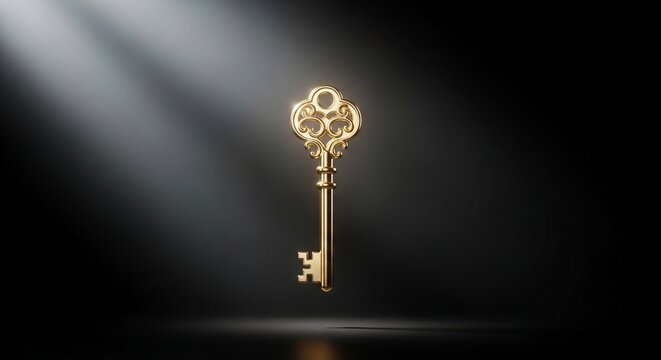 Golden key illuminated by light rays against a dark background